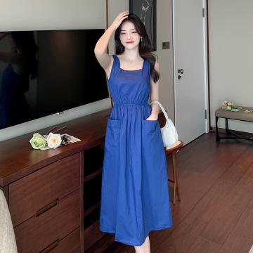 PF1479#复古蓝色吊带连衣裙收腰显瘦泰国旅游穿搭三亚海边度假沙滩裙