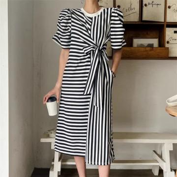PF1501#韩国东大门 设计感不规则拼接条纹绑带连衣裙开叉长裙