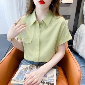 PF1552#天丝短袖衬衫女夏季薄款小翻领垂感衬衣设计感宽松显瘦上衣