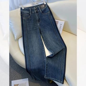 PF1572#直筒牛仔裤女 新款小个子高腰美式设计感拼接窄版阔腿裤子