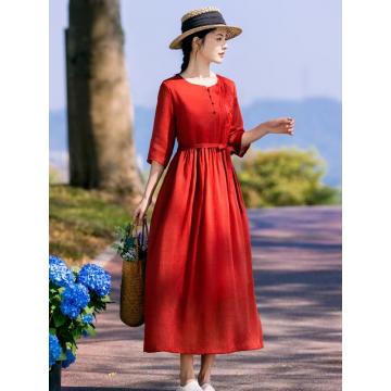 PF1678#高端苎麻红色 新款女装夏季气质文艺复古棉麻连衣裙
