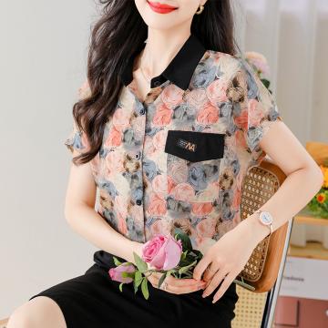 PF1878#新品雪纺印花植物花卉衬衣宽松型衬衫