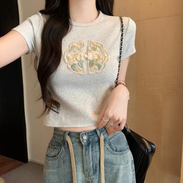 PF1885#新中式国风圆领短袖t恤 新款修身小个子短款甜辣妹上衣