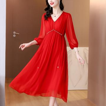 PF1971#新款高端真丝大红色连衣裙时尚大牌