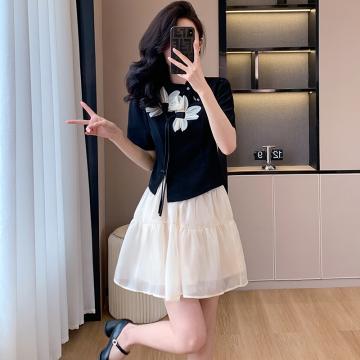 PF2046#夏季新中式气质改良旗袍上衣蓬蓬裙两件套