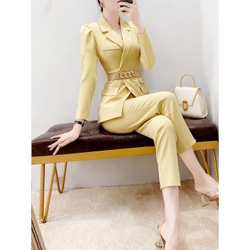 PF2132#成套搭配女装 职业休闲时尚干练气质女装收腰黄色西装两件套装