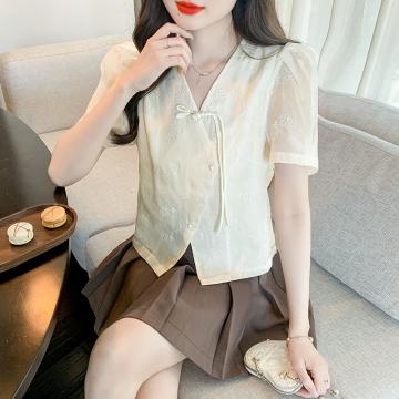 PF2160#新中式短款雪纺设计感小众女夏季泡泡袖国风盘扣刺绣短袖衬衫