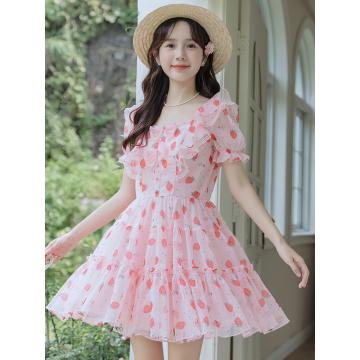 PF2164#夏季新款粉色甜美公主风连衣裙女短袖方领草莓印花短裙