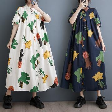 PF2241#韩版新款宽松大码洋气印花中长款文艺复古连衣裙
