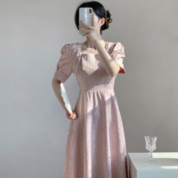 PF2250#新款法式复古高级感气质女神范粉色提花连衣裙