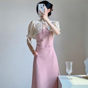 PF2254#新款复古新中式国风设计感气质古风粉色套装连衣裙