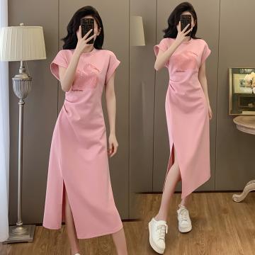 PF2342#夏季高级简约韩版修身显瘦粉色连衣裙