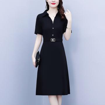 PF2450#夏季时尚洋气大码女装胖mm黑色短袖修身显瘦中年长款连衣裙