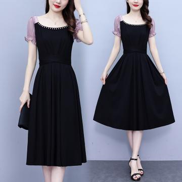 PF2521#珍珠黑色方领连衣裙女 夏季新款收腰显瘦高级感气质女神范