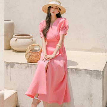 PF2578#新款长裙高端轻奢法式气质优雅V领小清新甜美粉色连衣裙子