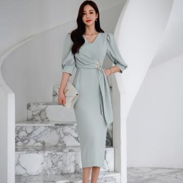 PF2598#夏装新款韩版气质修身V领时尚收腰显瘦包臀中长款连衣裙