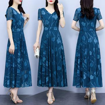PF2682#蓝色高级感提花连衣裙长款2024夏季新款优雅显瘦大摆长裙