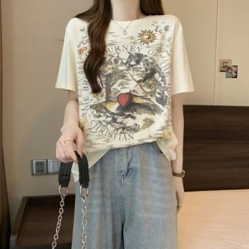 PF2751#纯棉短袖T恤女 夏季韩版新款设计感前后印花学院风上衣