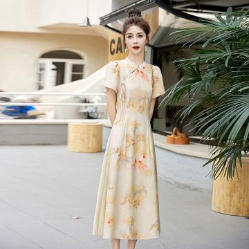 PF2940#中式改良旗袍复古连衣裙 夏季新款复古风收腰显瘦气质印花裙子