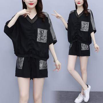 PF2943#夏季新款镂空拼接短裤套装韩版时尚休闲百搭套装裤两件套女装