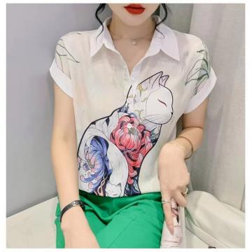 PF2976#韩版夏季新品简约气质艺术抽象印花时尚显瘦舒适翻领女式短袖衬衫