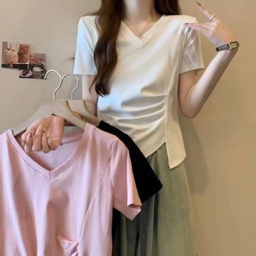 PF3006#大码女装MM夏装不规则褶皱收腰短袖粉色纯棉t恤