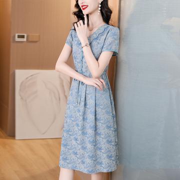 PF3100#阔太太印花裙子 新款夏季女洋气减龄高级感收腰显瘦修身连衣裙