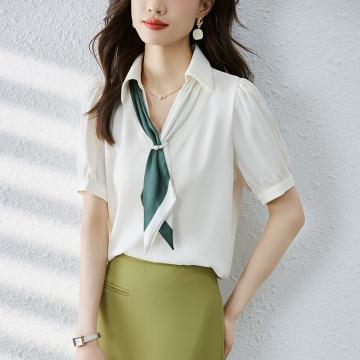 PF3224#夏季新款韩版百搭领带缎面短袖衬衫女上衣夏