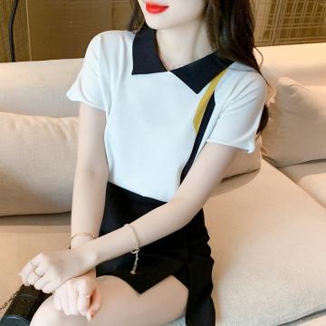 PF3258#衬衫女设计感小众韩系 夏装新款气质职业装撞色短袖休闲衬衣