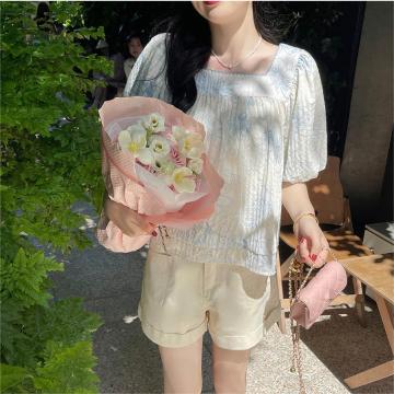 PF3270#夏季韩版新款法式方领泡泡袖花朵印花小衫+短裤套装