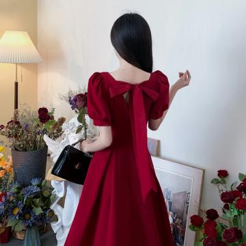 PF3295#高级感气质减龄蝴蝶结红色礼服裙敬酒服 平时可穿