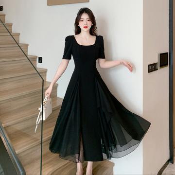 PF3455#夏季法式高级感名媛方领长裙子设计感轻熟御姐风黑色连衣裙