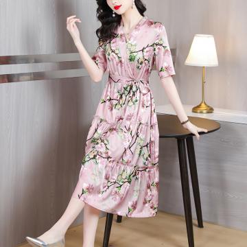 PF3557#真丝连衣裙夏季高端年轻款杭州品牌桑蚕丝粉色印花v领缎面长裙子