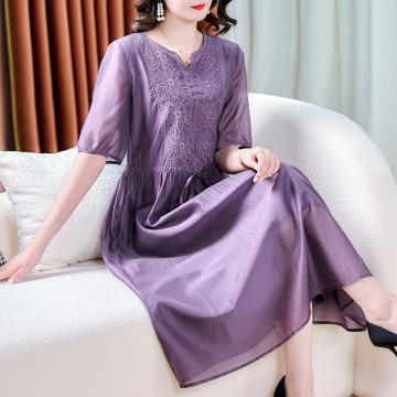 PF3558#气质连衣裙高级感紫色高端轻奢刺绣A字裙女高贵收腰长裙子