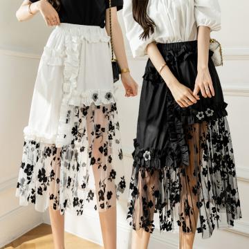 PF3622#设计感黑色不规则中长款半身裙花朵拼接网纱设计感小众纱裙