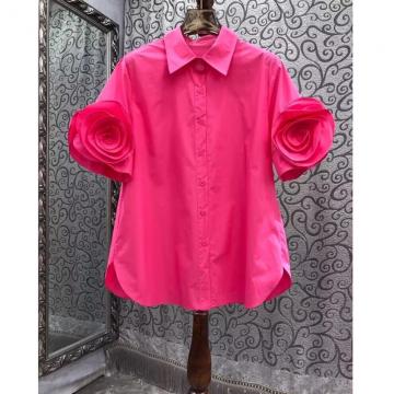 PF3670#夏季新款短袖衬衫女立体花朵盘花设计感小众气质法式翻领衬衣