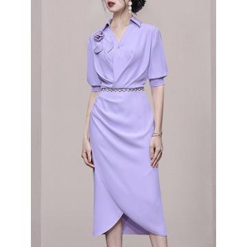 PF3810#夏季女装 新款气质浅紫色修身收腰显瘦衬衫连衣裙长裙包臀裙子