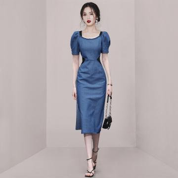 PF3822#夏季新款韩版方领泡泡袖时尚拼色收腰显瘦修身气质连衣裙
