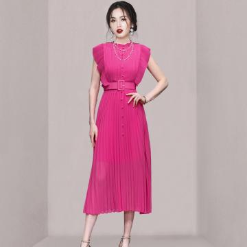 PF3825#女装新款气质法式枚粉色收腰显瘦雪纺百褶裙长裙连衣裙子