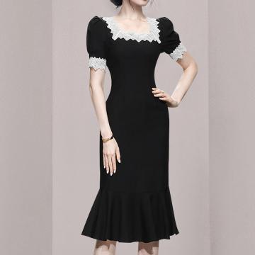 PF3831#新款女装黑上修身气质赫本风中长款连衣裙