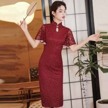 PF3958#新中式旗袍敬酒服新娘新夏季平时可穿红色结婚订婚回门礼服女蕾丝