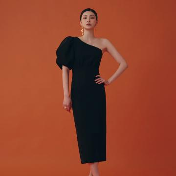 PF3996#新款韩版时尚不对称设计感连衣裙修身显瘦中长款礼服裙