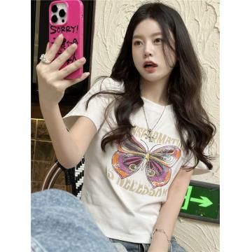 PF4097#韩版新款蝴蝶字母印花T恤女夏季修身显瘦短袖上衣