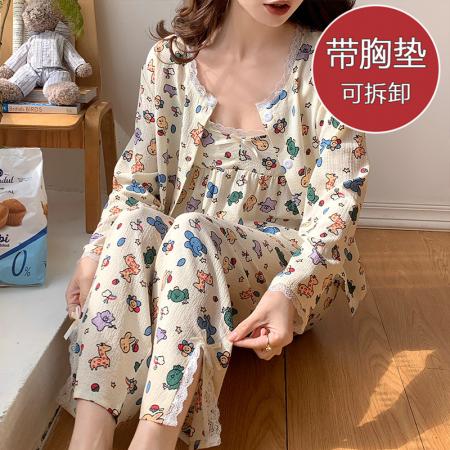 PF1079#带胸垫泡泡棉皱布三件套睡衣女2024春长袖吊带套装家居服