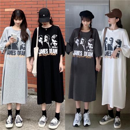 PF1090#拉架棉夏季新款过膝连衣裙短袖t恤女