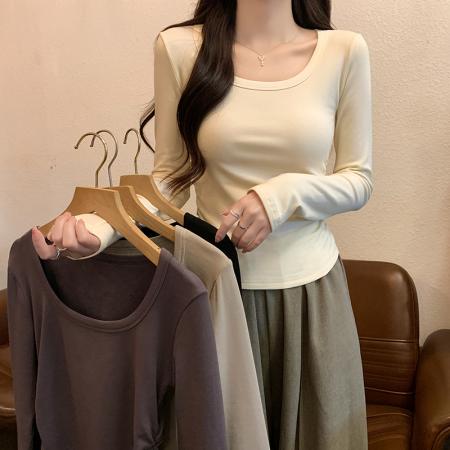 PF1091#长袖t恤女春秋薄款圆领纯色打底衫上衣大码女装