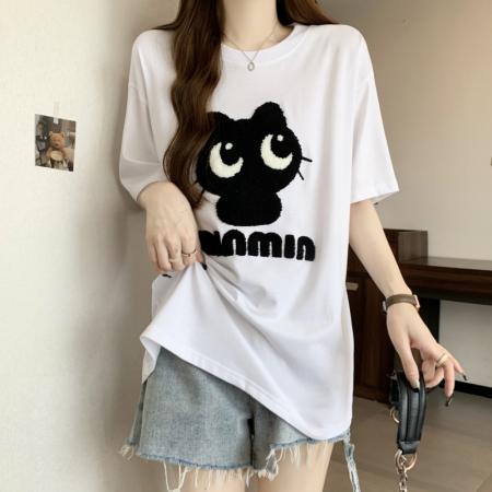 PF1093#夏装毛巾绣短袖T恤女宽松绣花卡通