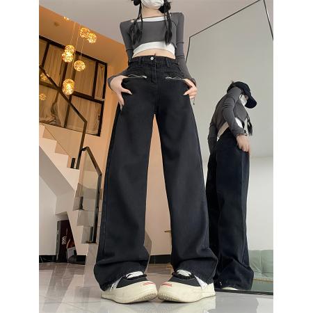 PF1097#黑色高街直筒工装牛仔裤口袋拉链设计宽松阔腿长裤子