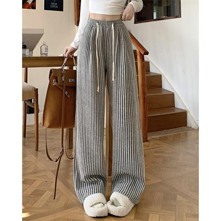 PF1099#竖条纹裤子女 新款休闲直筒慵懒阔腿裤