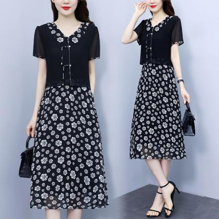 PF1100#国风新中式连衣裙 夏季新款遮肚子减龄洋气假两件雪纺裙子